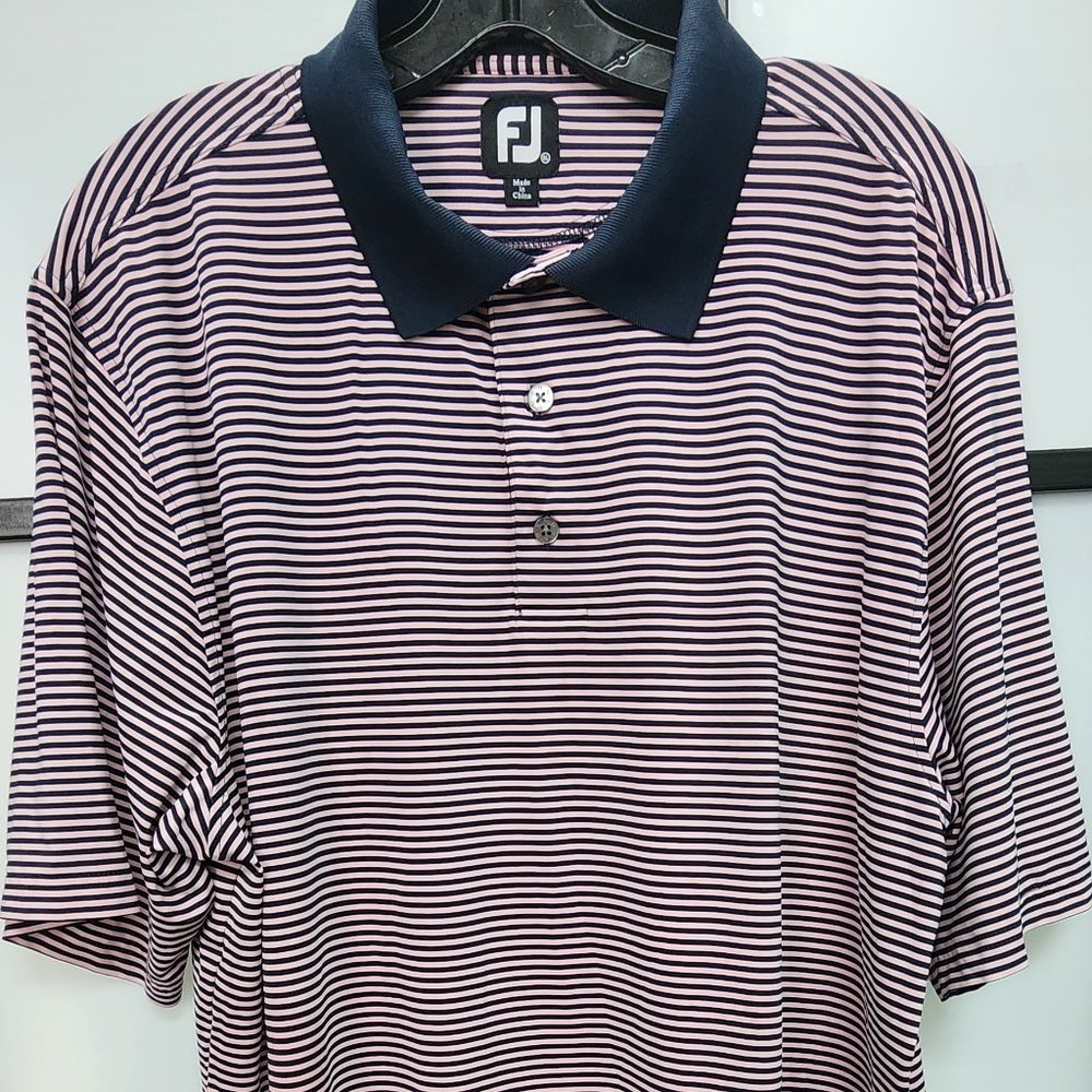 Men's Footjoy Performance Polo in Pink and Navy Blue Stripes